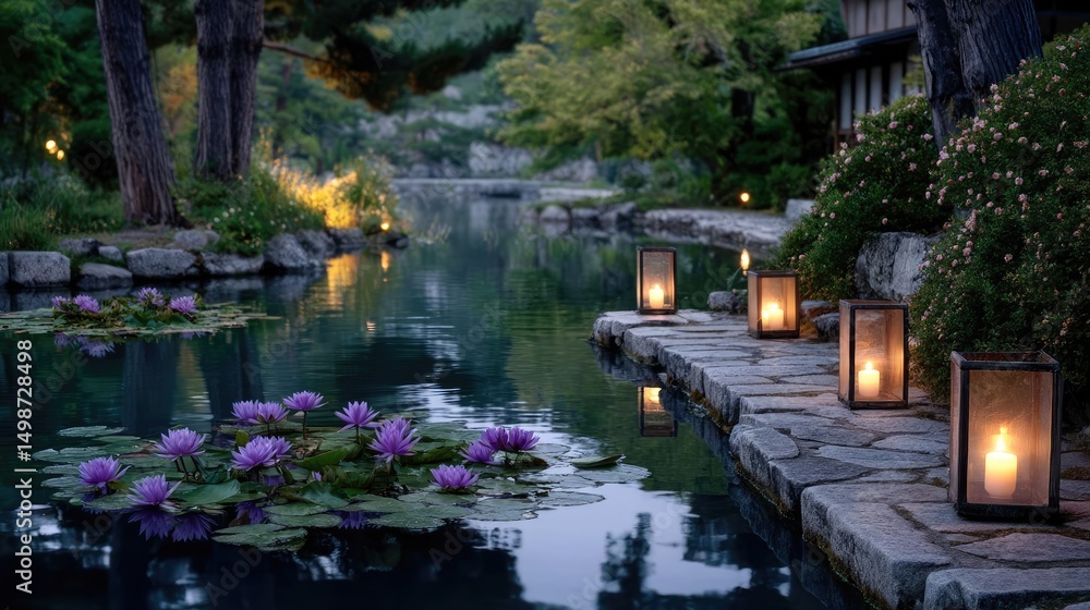 Aufkleber tranquil atmosphere for serenity with peaceful pond view concept. serene evening scene with lanterns