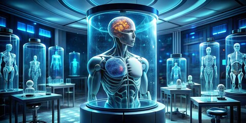Fototapeta premium A Futuristic Laboratory Showcases Advanced Biomedical Engineering with Transparent Vessels Containing Detailed Anatomical Models of Human Figures in a Sterile Environment