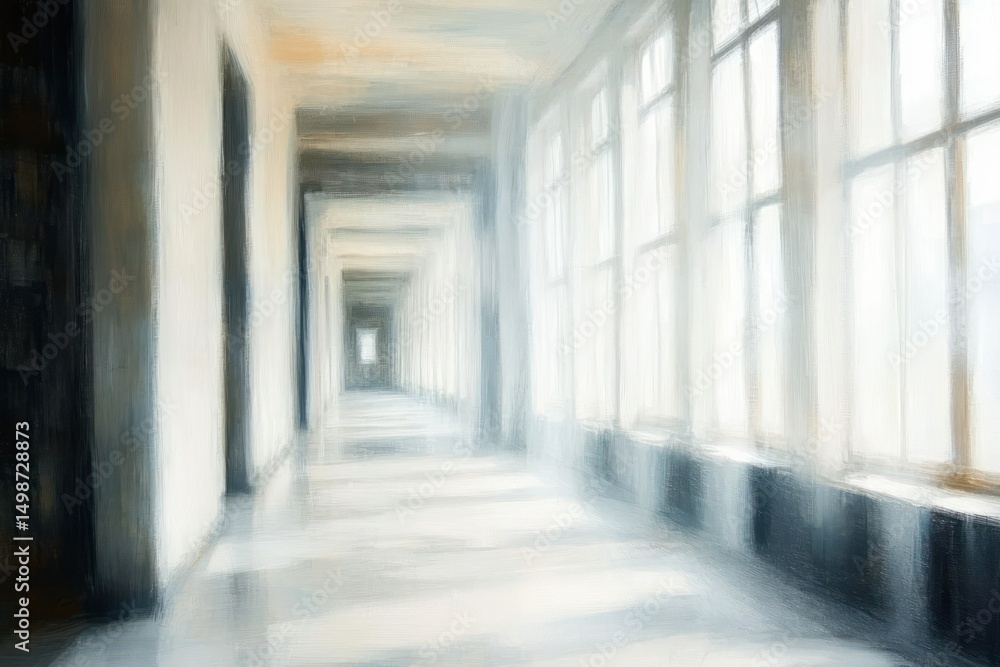 Aufkleber long bright hallway with large windows on one side casting shadows along the floor creating a serene