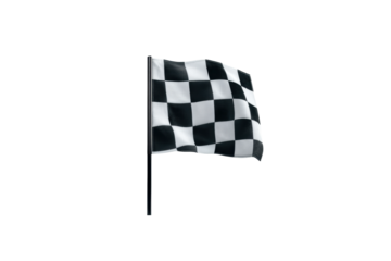 Black and white checkered flag waving on flagpole isolated on black background, cut out