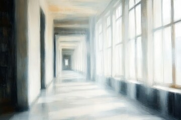 Fototapeta premium long bright hallway with large windows on one side casting shadows along the floor creating a serene and airy atmosphere