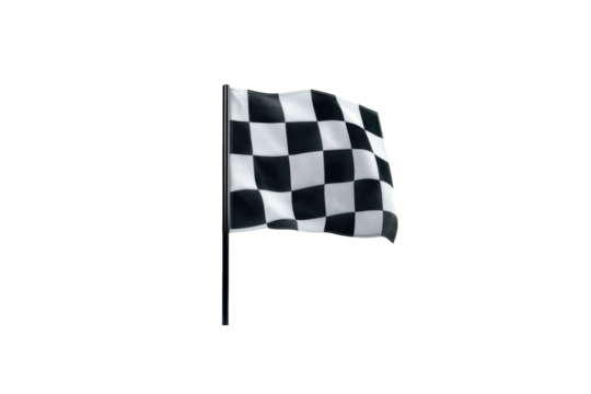 Black and white checkered flag waving on flagpole isolated on black background, cut out