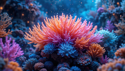 Colorful Marine Life in an Aquarium Showcasing Coral Reef and Tropical Fish Underwater with Blue Water	
