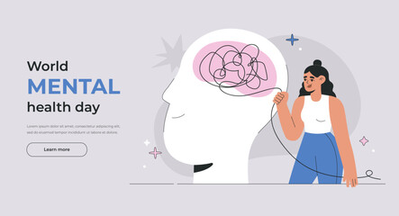 Happy Woman Unraveling a Tangle of Problems, Mental Health Awareness Concept for World Mental Health Day. Depression Recovery and Personal Growth flat vector illustration template for Landing page