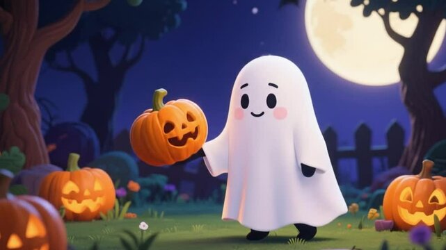 cute ghost animation carrying pumpkin in cemetery at night
