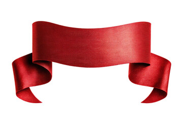 Shiny red ribbon banner with elegant loops on black background, cut out