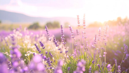 Naklejka premium Purple lavender field at sunset, glowing with warm light and blurry background.