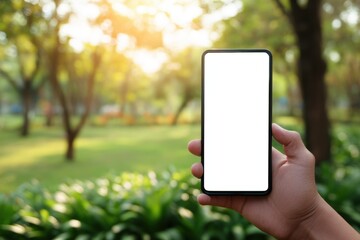 Hand holding phone mockup with blank screen in a bright, green park setting. perfect for wellness, fitness, or outdoor lifestyle app previews.