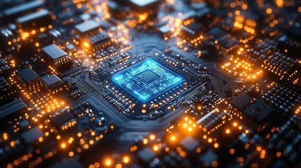 Obraz premium Macro view of a futuristic circuit board or microchip with glowing data streams and technological details in warm colors on a dark background. Suitable for technology, artificial intelligence themes
