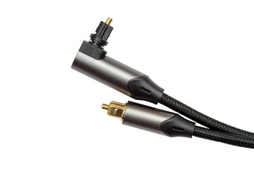 Close-up of modern optical cable connectors. Metal connectors on a white background.