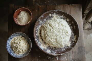 Fototapeta premium Flour and dough in bowls on the rustic wooden table are ready to use. Useful for blogs, recipes, or any baking related content needing visuals.