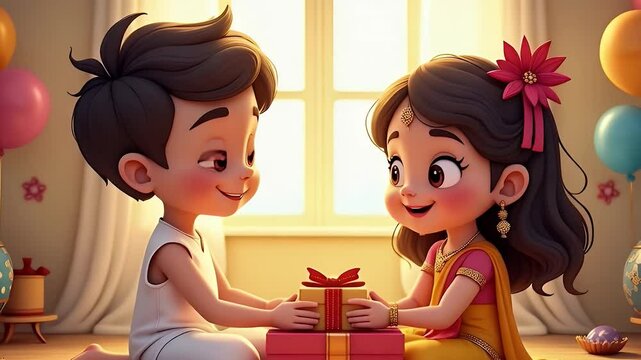 Cute cartoon-style siblings exchanging gifts on Raksha Bandhan, with sweets, balloons, and colorful decorations in a cheerful room setting

