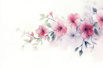 Delicate watercolor painting of pink and purple flowers with green leaves on a white background, evoking a soft and peaceful feeling