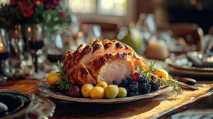 A holiday ham centerpiece with fruit on a decorated dinner table