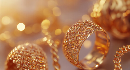  exquisite modern gold jewelry including chains, rings, and earrings, focusing on the delicate texture and fine craftsmanship of the gold surfaces, warm soft golden glow reflecting naturally