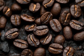 Fototapeta premium Close-up detailed view of glossy roasted coffee beans showing rich brown texture and intricate surface pattern