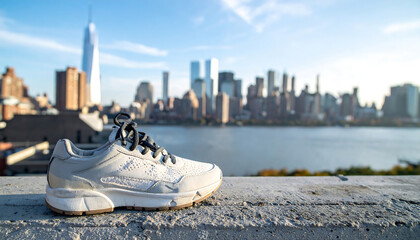 White sneaker on a concrete ledge with the New York City skyline in the background under a sunny sky.