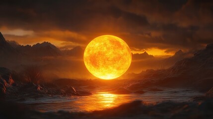 Glowing orange sun setting or rising over mountainous landscape with reflective water and dramatic cloudy sky, evoking warmth and awe