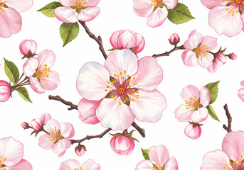 Pink Blossom Floral Pattern Watercolor Seamless Texture isolated on transparent background