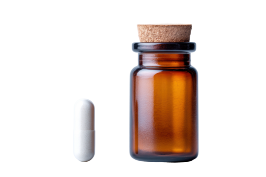 Amber glass bottle with cork and white capsule on white background, cut out