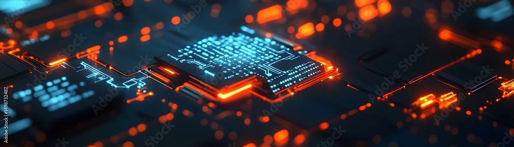 Poster close-up view of a circuit board with glowing components.