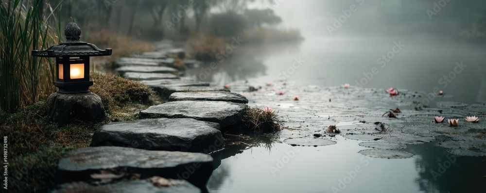 Poster zen landscape with serenity and tranquility in pond concept. a serene path by a misty lake with a la