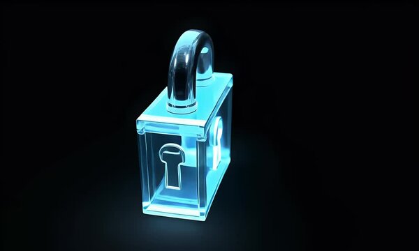 A glowing glass padlock on a black background, symbolizing security and protection in data visualization.