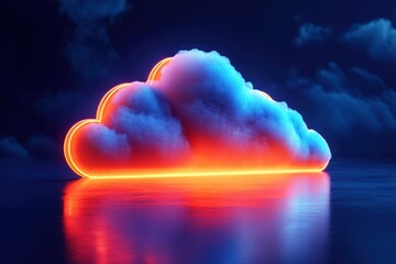 Glowing vibrant cloud with neon orange outline floating above reflective water surface under dark night sky