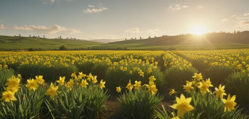 Lush green field bursts with vibrant yellow daffodils, sunny sky backdrop , blue sky, green grass
