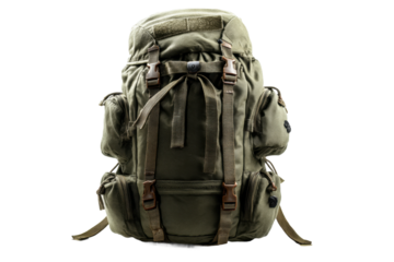 Olive green tactical backpack with multiple compartments and straps for outdoor adventures, cut out