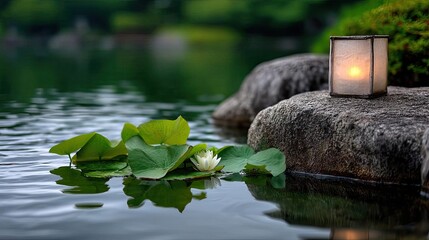 Naklejka premium Tranquil atmosphere for serenity with peaceful pond view concept. A serene lantern beside lily pads on a tranquil water surface.