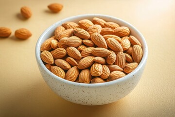 Close-up of a white speckled bowl filled with raw almonds on a beige surface with scattered almonds around the bowl