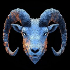 Geometric polygonal stylized ram head with large curved horns on a black background, showing intense and powerful expression