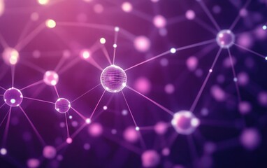Glowing interconnected spheres connected by thin lines forming a network on a purple and pink abstract background conveying technology and connectivity