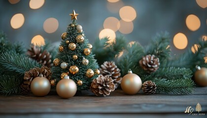 Small decorated Christmas tree with golden baubles and star topper surrounded by pine cones and evergreen branches on wooden surface with soft glowing lights in background
