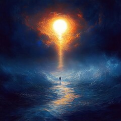 A solitary figure walks towards a radiant, glowing light breaking through a dark, stormy sky with turbulent waves reflecting the warm sunlight