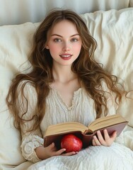 Young woman with long wavy hair sitting comfortably on a white sofa holding an open book and a red apple, smiling gently with a relaxed and peaceful expression