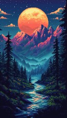 Pixel art scene of a vibrant full moon rising over purple mountains with pine trees and a winding river reflecting moonlight under a starry night sky