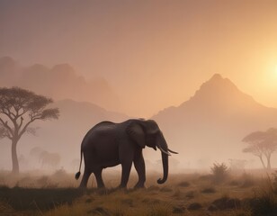 Solitary elephant silhouetted in misty sunrise ,  wildlife scene,  sunrise