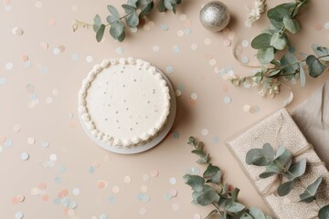 Minimal Birthday Flat Lay with White Cake, Eucalyptus and Neutral Decor