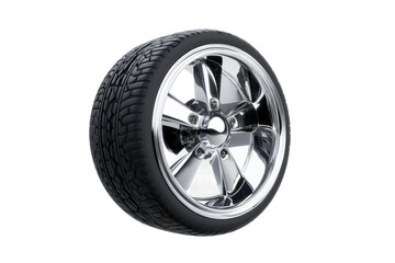 Obraz premium Shiny chrome car wheel with reflective alloy rims and treaded tire, cut out