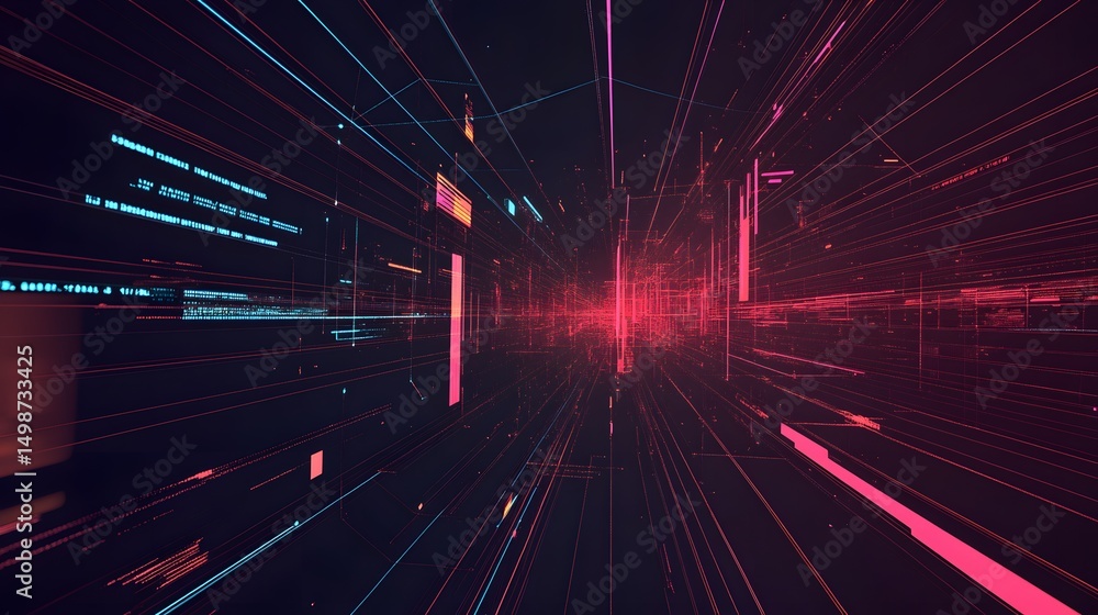 Poster digital network of glowing lines and shapes.