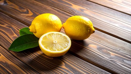 Fresh lemon on rustic wooden surface, vibrant citrus fruit close-up for natural food concept, vitamin C, healthy lifestyle, organic ingredient, kitchen background, clean eating, vegan cooking