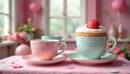 Whimsical tea party scene with oversized teacups and cake , storybook, puzzle, unexpected