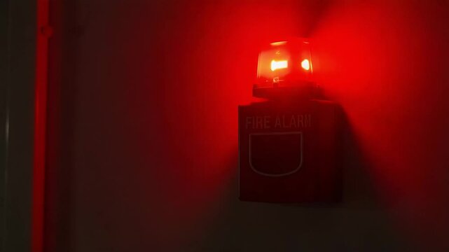 Red fire alarm light flashing on wall in emergency signaling system  