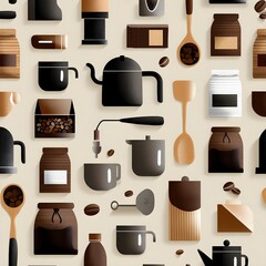 Coffee-themed flat lay with brewing tools and beans