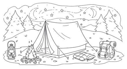 Fun night camping coloring page featuring tents, campfire, and a starry sky—great for kids’ projects or outdoor-themed activity books.