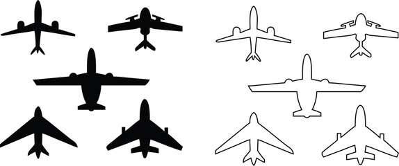 Travel icon set with aeroplanes in outline and flat vector styles