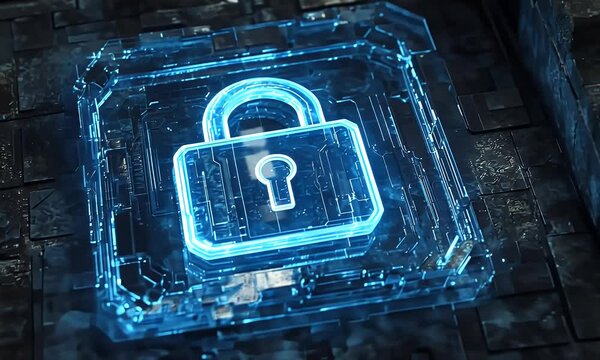 A glowing glass padlock on a black background, symbolizing security and protection in data visualization.