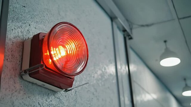 Red fire alarm light signal mounted on wall in indoor environment